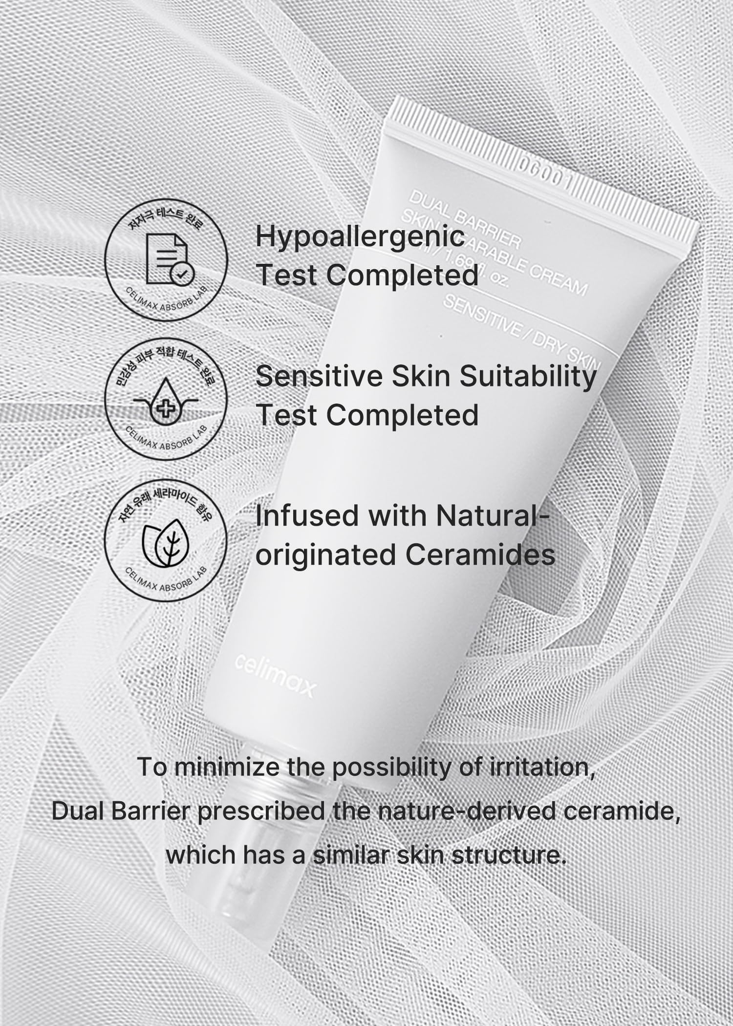 Prueba dermatológica de Celimax Dual Barrier para piel sensible.