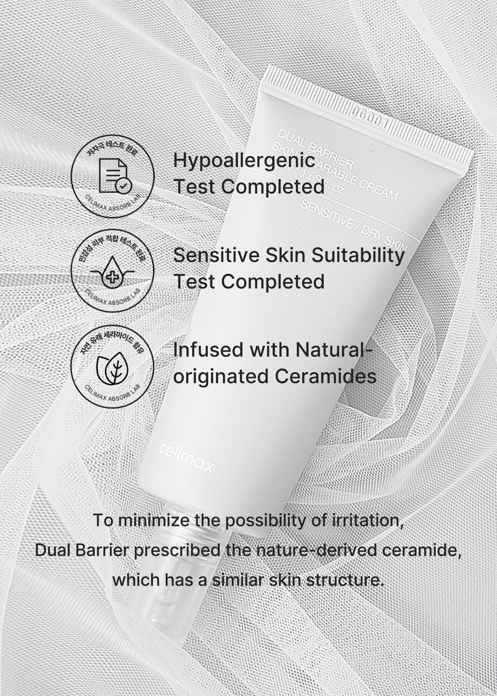 Prueba dermatológica de Celimax Dual Barrier para piel sensible.