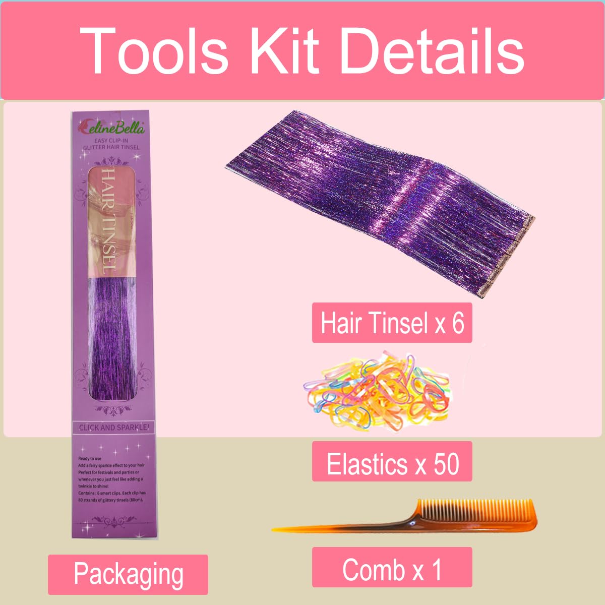 CelineBella tinsel púrpura con 80 hilos añade densidad y brillo.