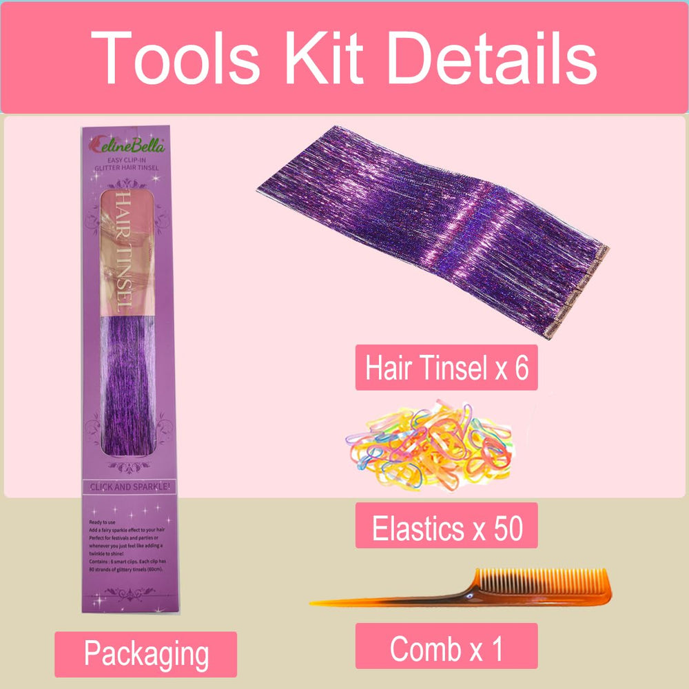 CelineBella tinsel púrpura con 80 hilos añade densidad y brillo.