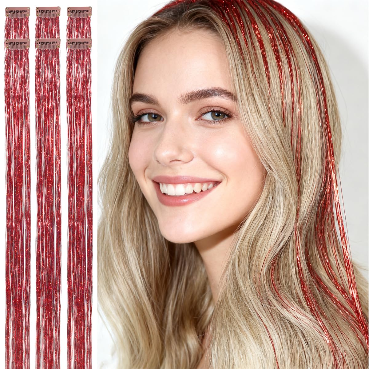 CelineBella tinsel rojo con 80 hebras y 24 pulgadas para un estilo brillante.