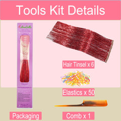 CelineBella tinsel rojo con broches de fijación para peinado rápido.