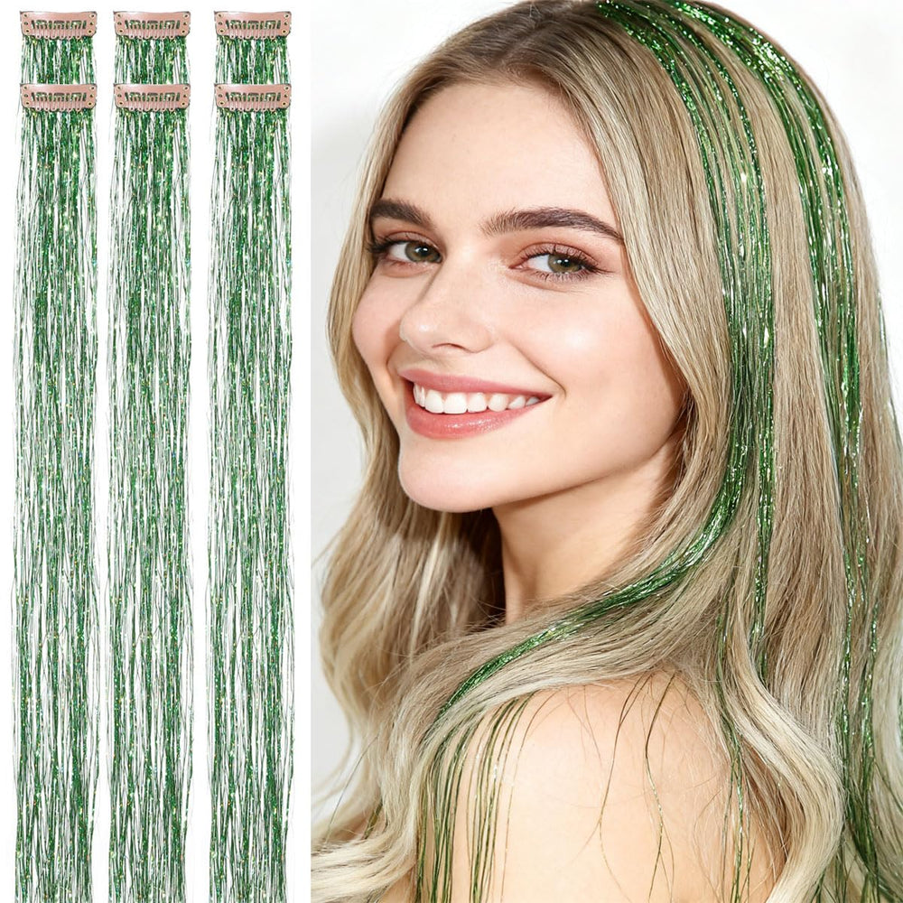CelineBella tinsel verde con pinzas para mechones, 24 pulgadas, estilo deslumbrante.