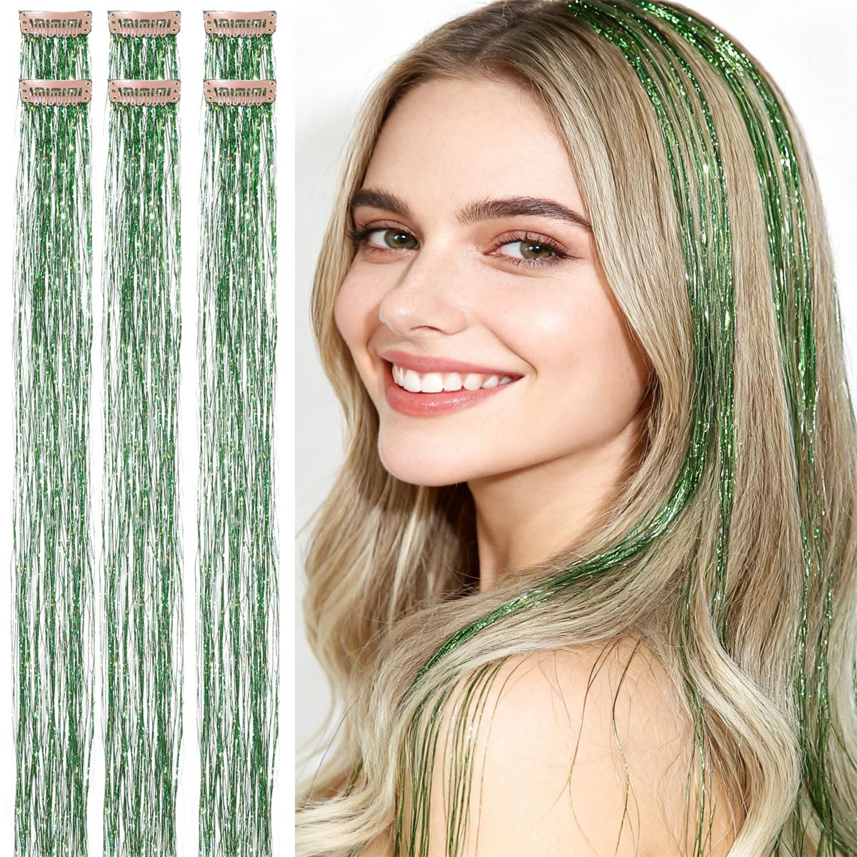 CelineBella tinsel verde con pinzas para mechones, 24 pulgadas, estilo deslumbrante.