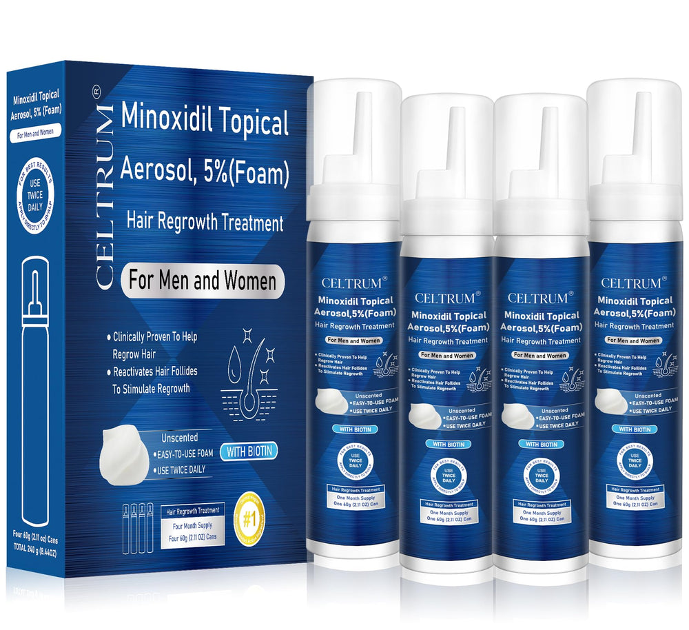 Celtrum 5% Minoxidil Foam bottle for easy at-home scalp application.