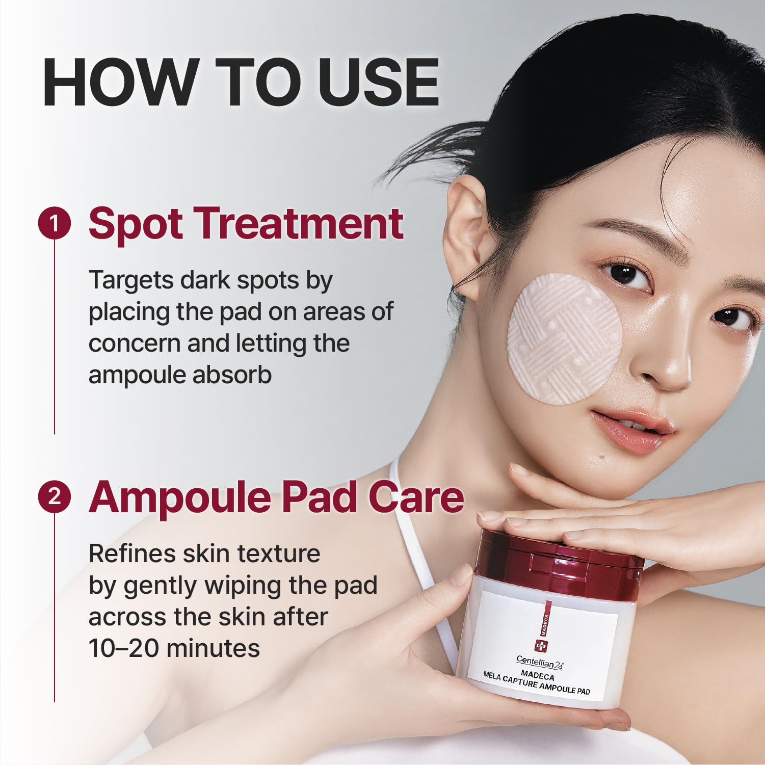 CENTELLIAN 24 Madeca Mela Capture Ampoule Pad uso diario para textura suave y brillo natural.