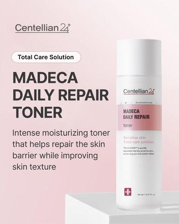 CENTELLIAN24 Madeca Tonico reparador diario, textura lechosa y absorción rápida.