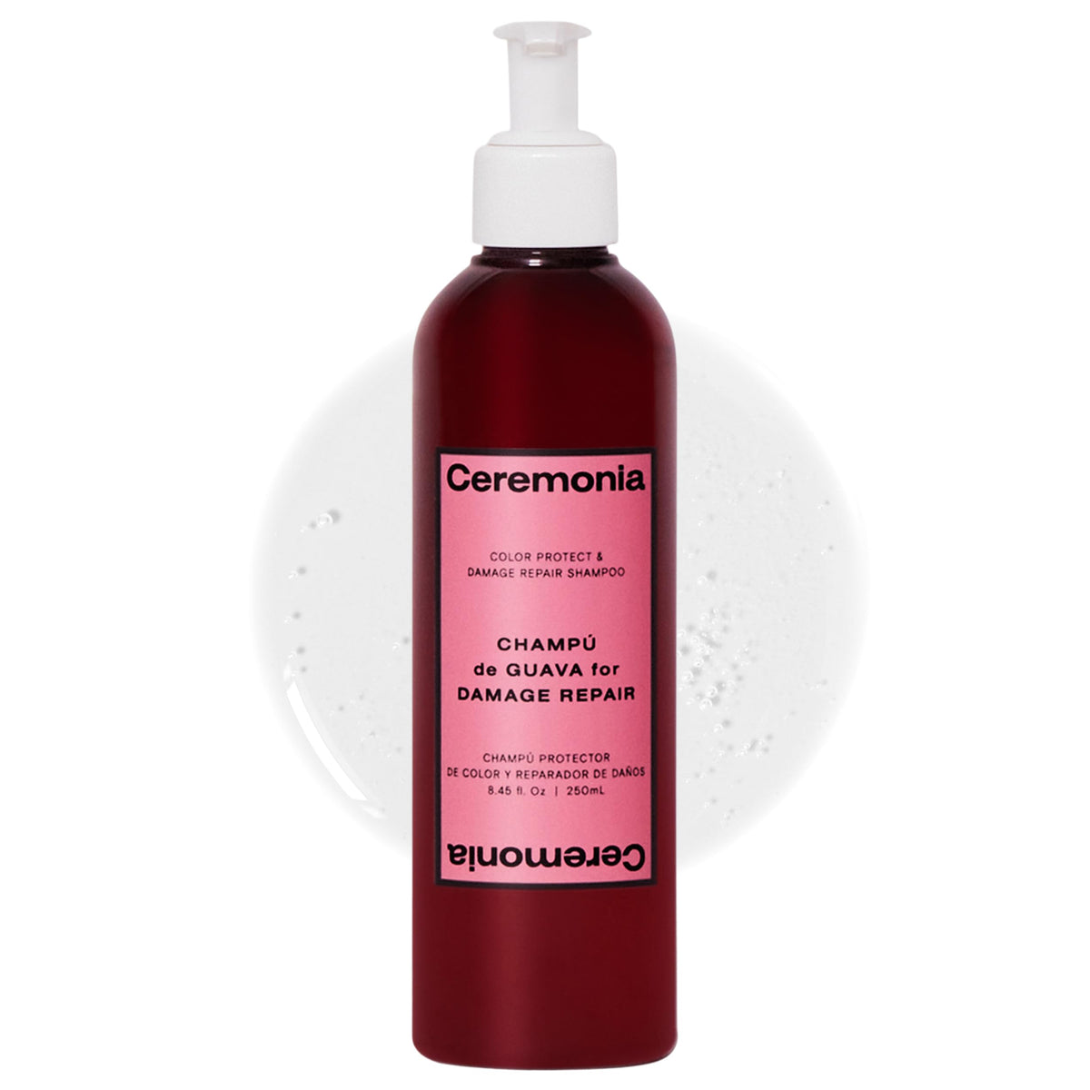 Bouteille Ceremonia Guava Protection et Réparation Shampoing prête à protéger les couleurs.