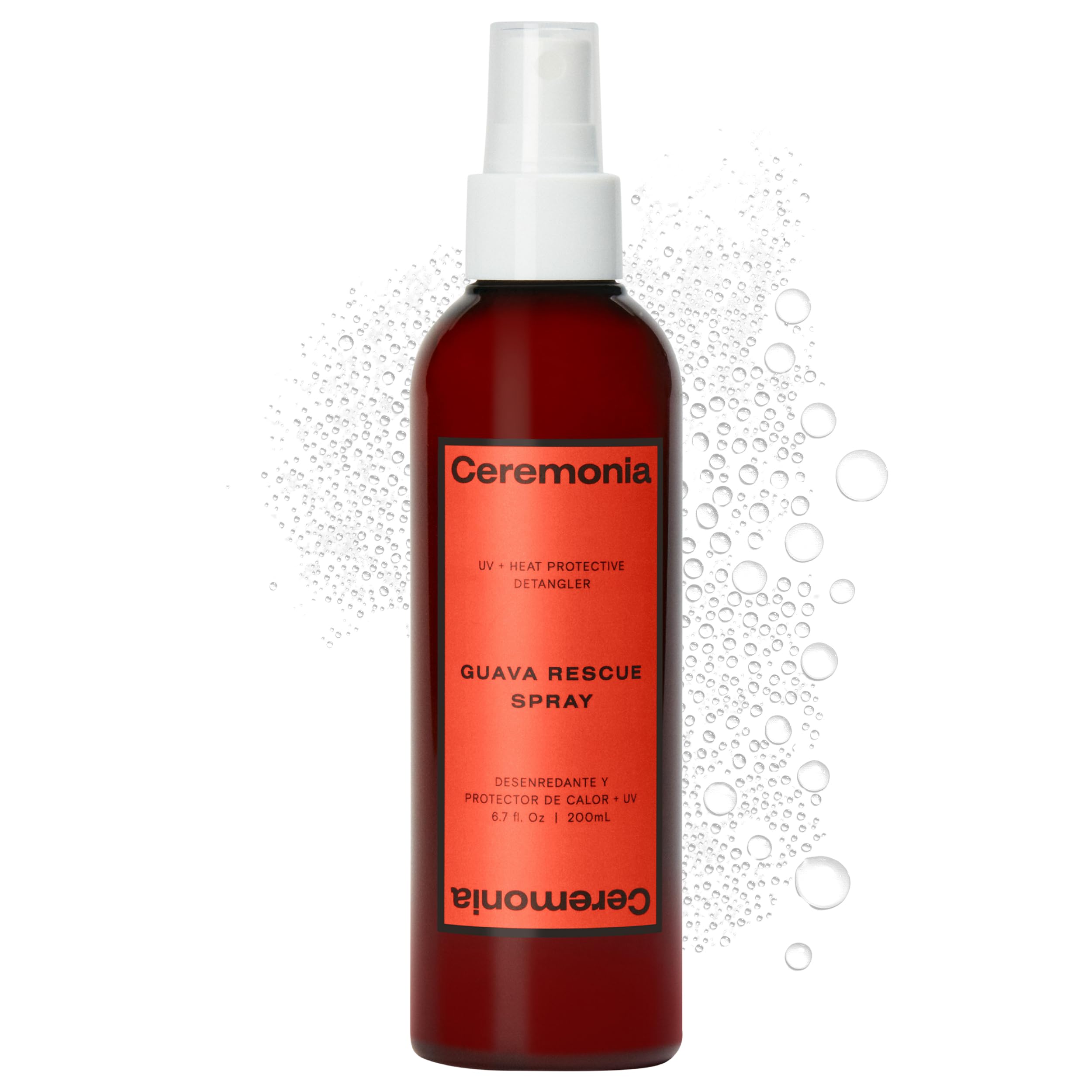 Ceremonia Guava Rescue Spray botella mostrando desenredo suave y protección UV.