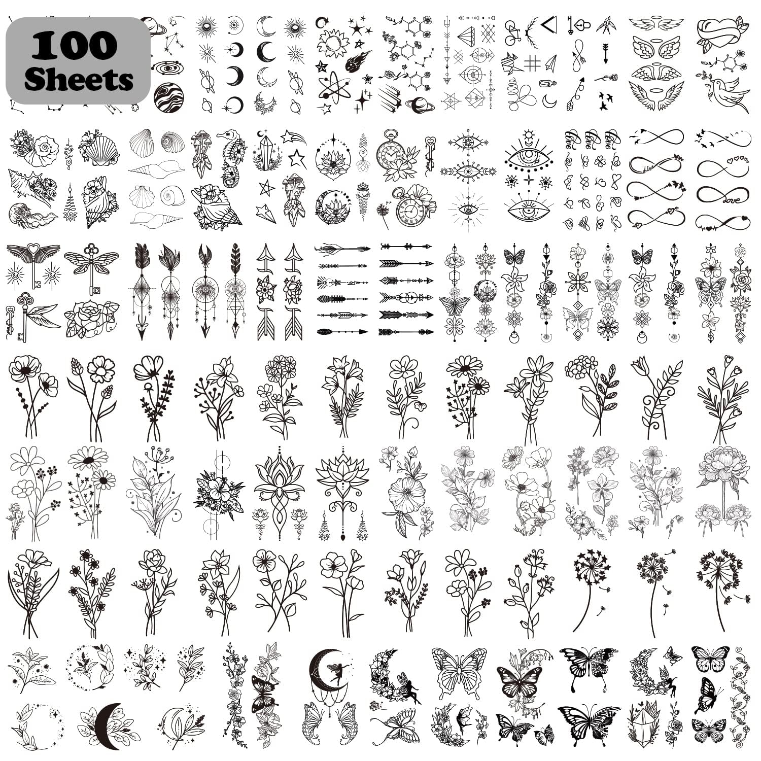 Tatuajes temporales Cerlaza, 100 hojas, diseños variados para looks cambiantes.