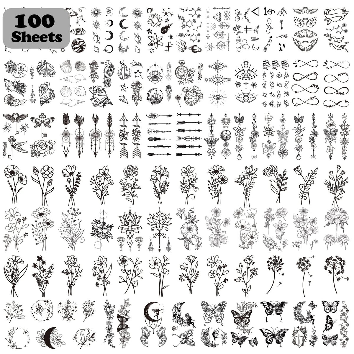 Tatuajes temporales Cerlaza, 100 hojas, diseños variados para looks cambiantes.