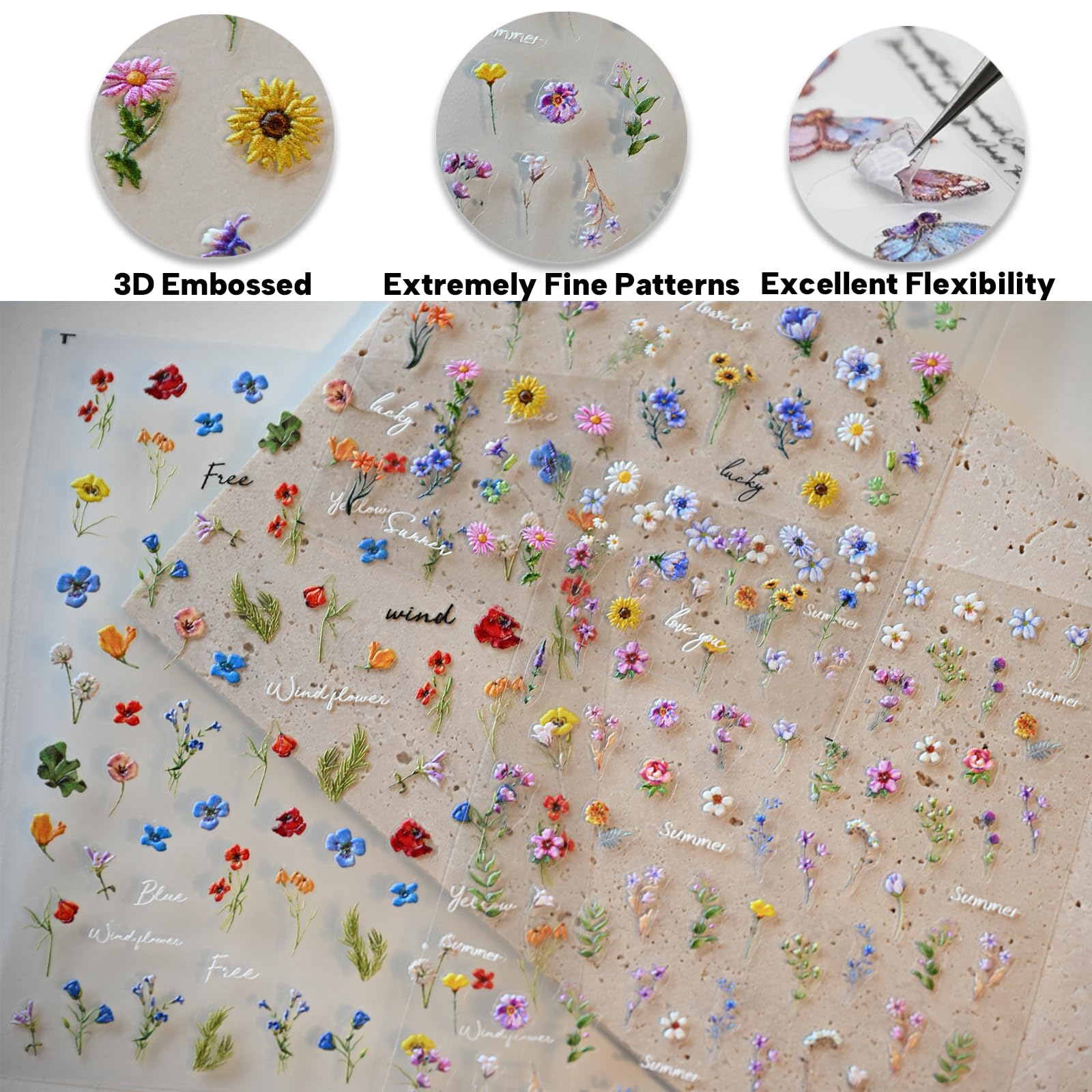 CESTSIREN pegatinas florales para uñas, diseño en relieve y aspecto elegante