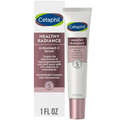 Cetaphil Healthy Radiance Antioxidant-C Serum bottle showing antioxidant protection for a more even skin tone.