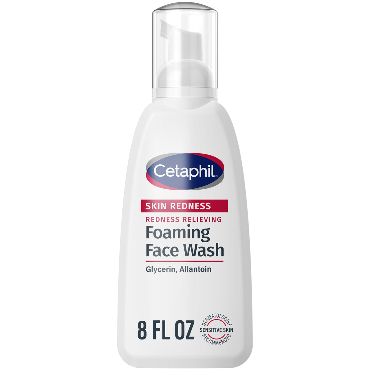 Cetaphil limpiador espumoso con botella, alivia enrojecimiento en piel sensible.