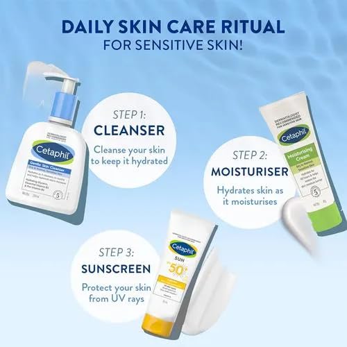 Nettoyage avec Cetaphil Doux pour peau fraîche matin ou soir.