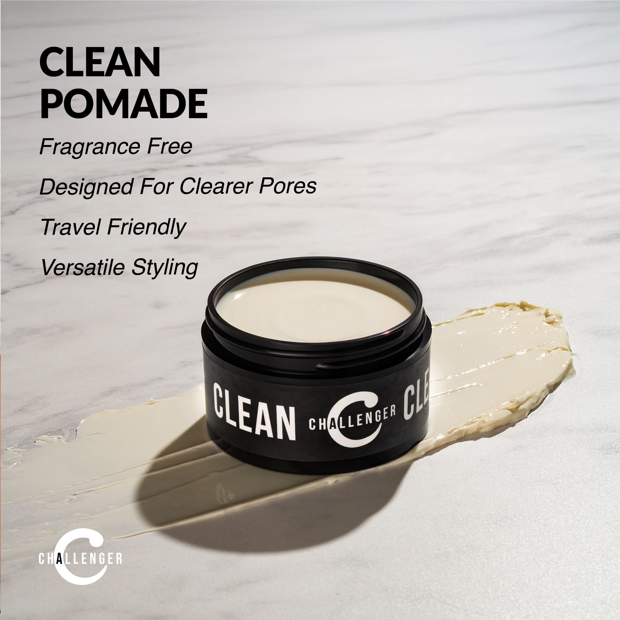 Challenger crema pomade sin fragancia, acabado natural sin residuos visibles para uso diario.