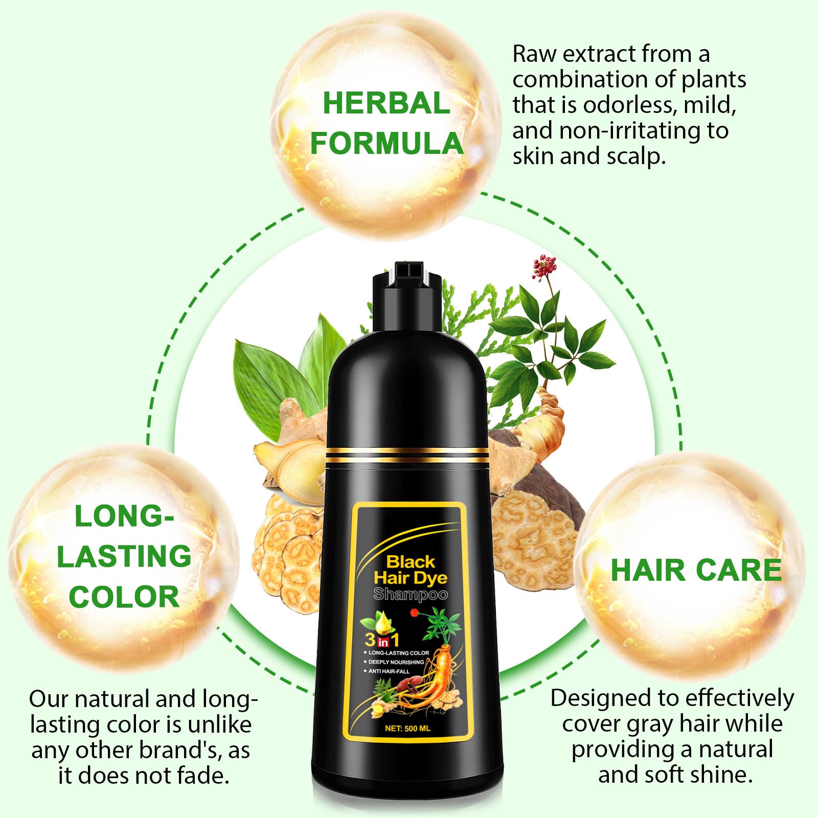 Champú teñidor negro para canas: etiqueta trasera destaca ingredientes suaves para el cuero cabelludo
