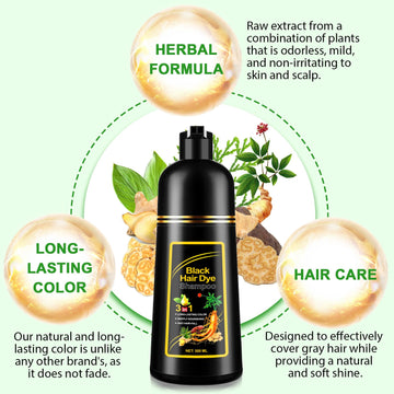 Champú teñidor negro para canas: etiqueta trasera destaca ingredientes suaves para el cuero cabelludo