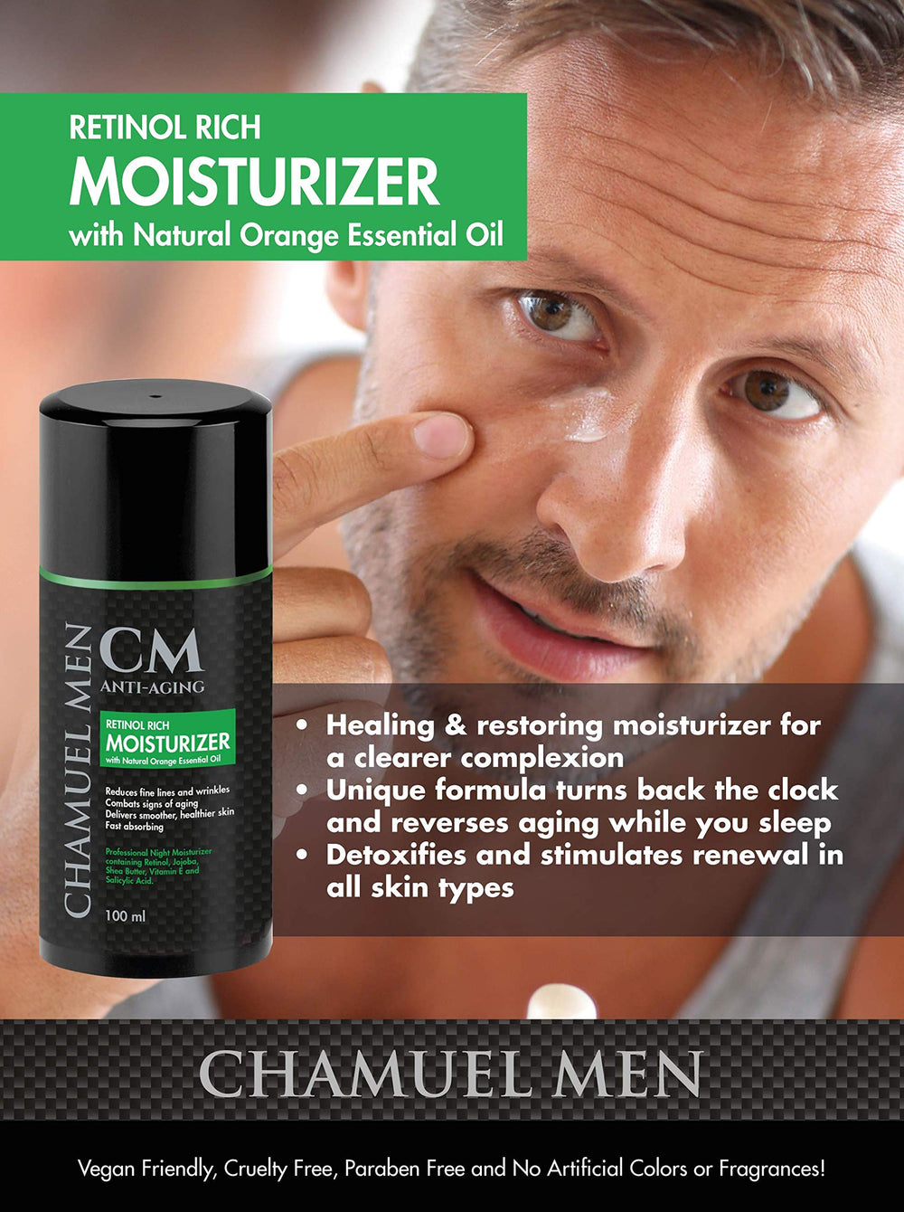 CHAMUEL MEN retinol 2.5%: combate signos visibles durante la noche.