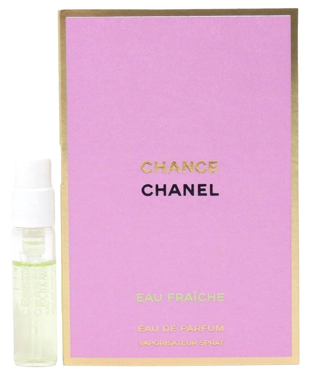 Detalle de etiqueta Chanel Chance Eau Fraiche en muestra, ideal para llevar en bolso.