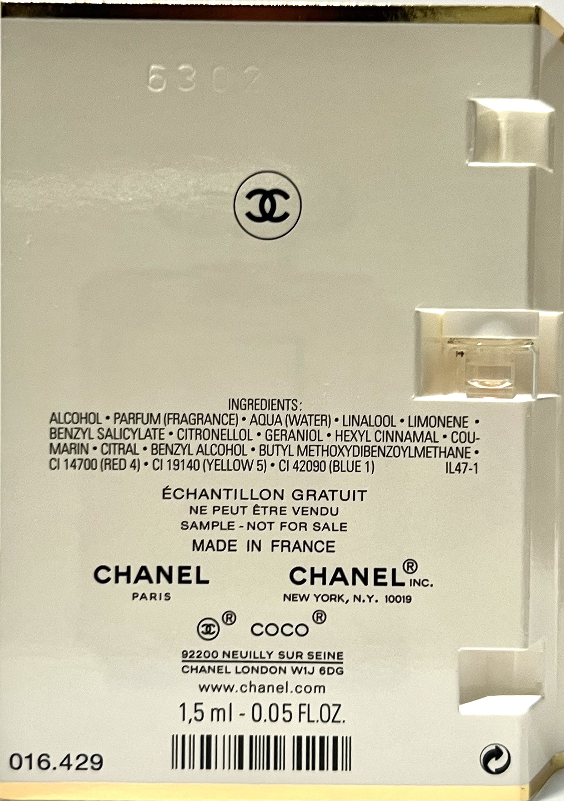 CHANEL Coco Mademoiselle etiqueta muestra, facilita identificar la fragancia