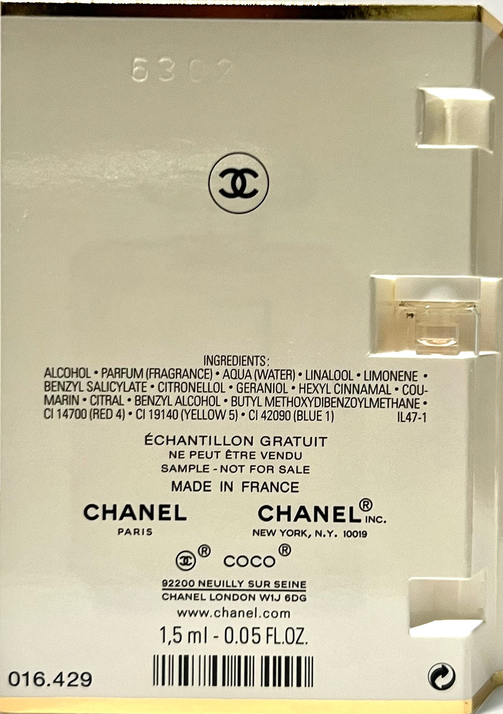 CHANEL Coco Mademoiselle etiqueta muestra, facilita identificar la fragancia