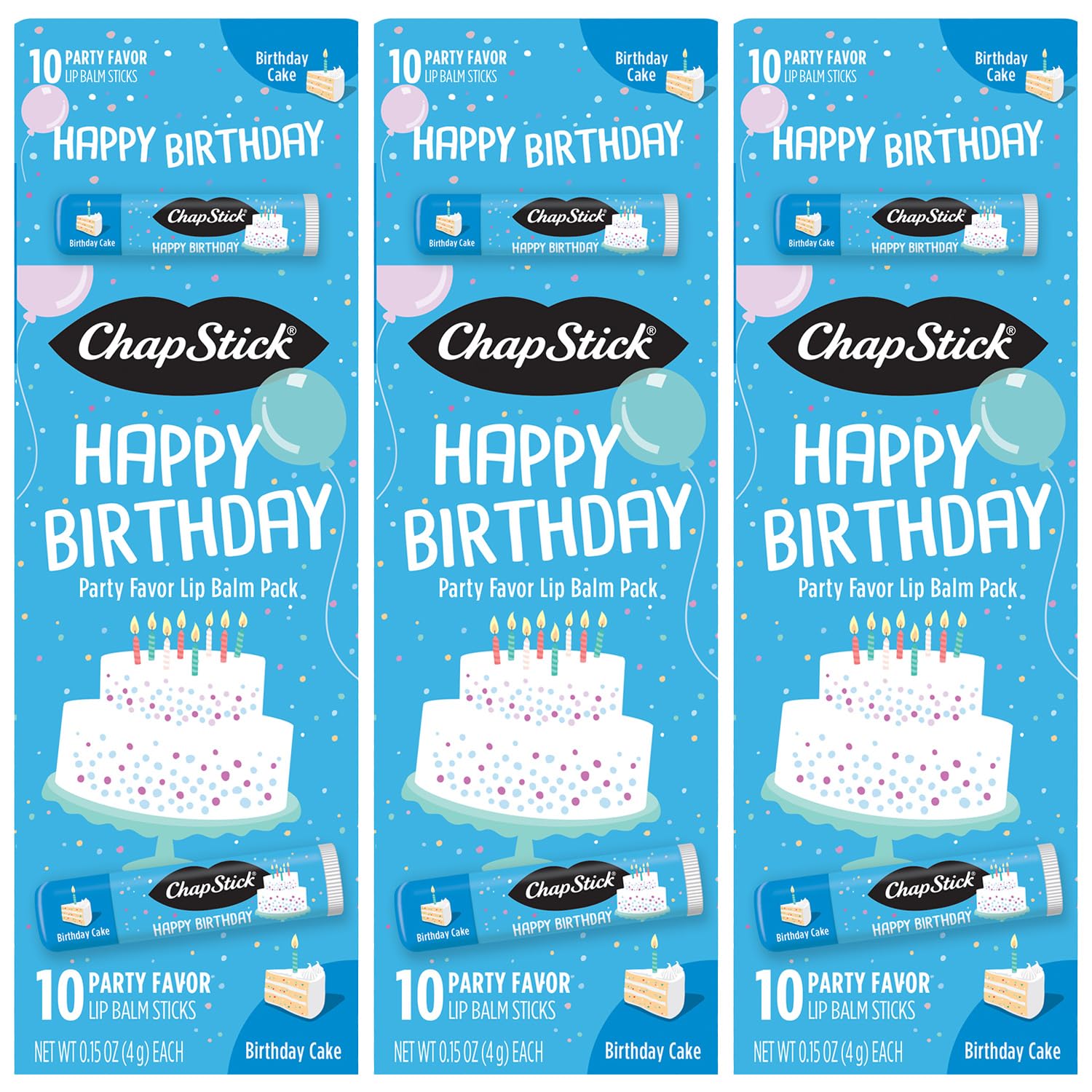 ChapStick emballage anniversaire festif, idéal pour offrir et partager.