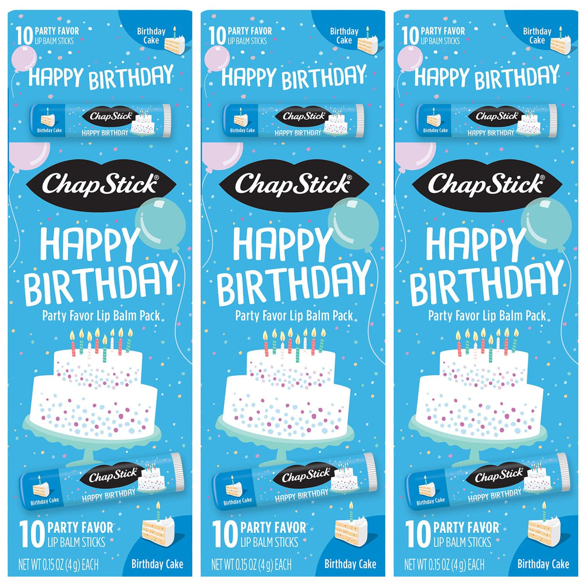 ChapStick emballage anniversaire festif, idéal pour offrir et partager.