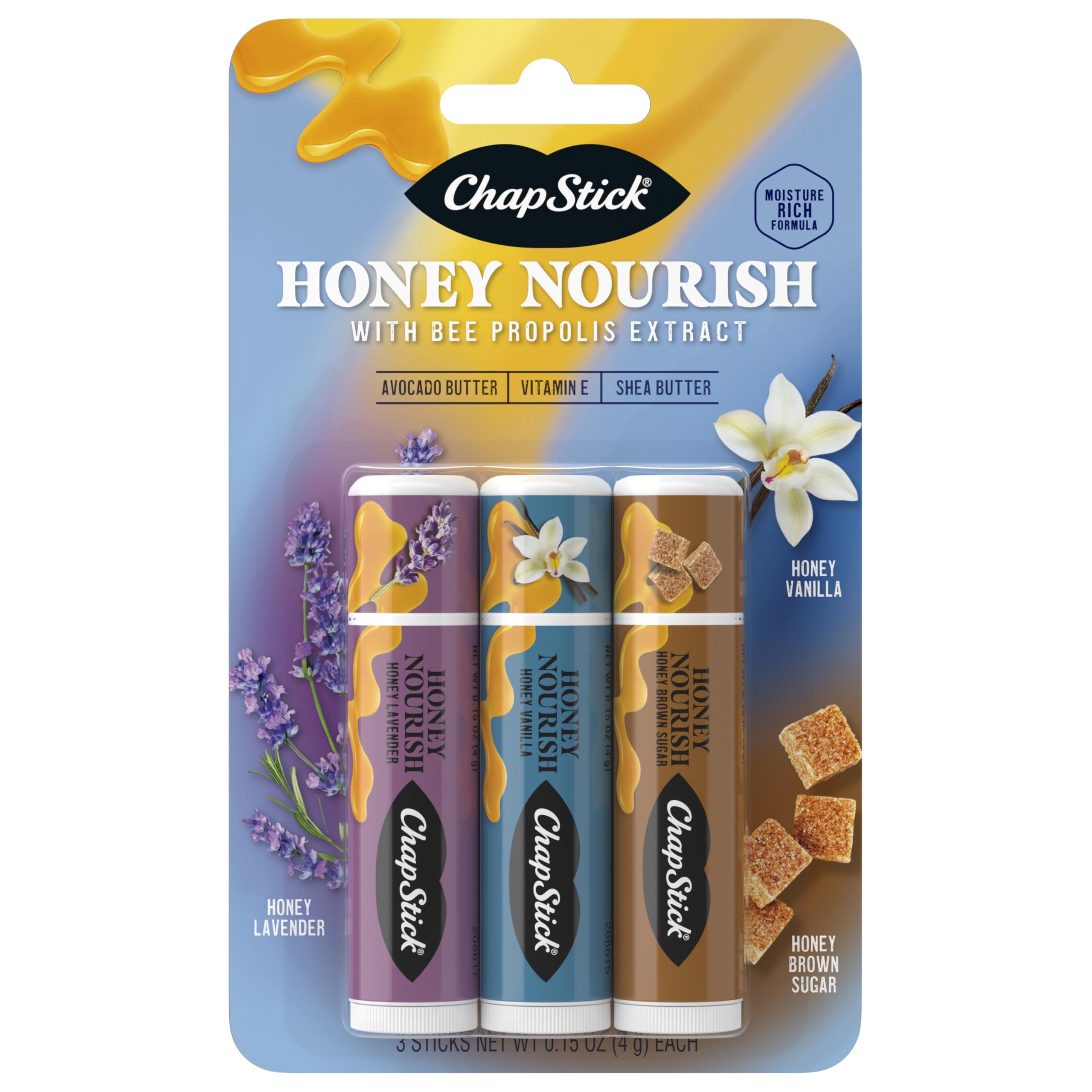ChapStick bálsamo labial miel vainilla en tubo, hidratación suave y aroma reconfortante.