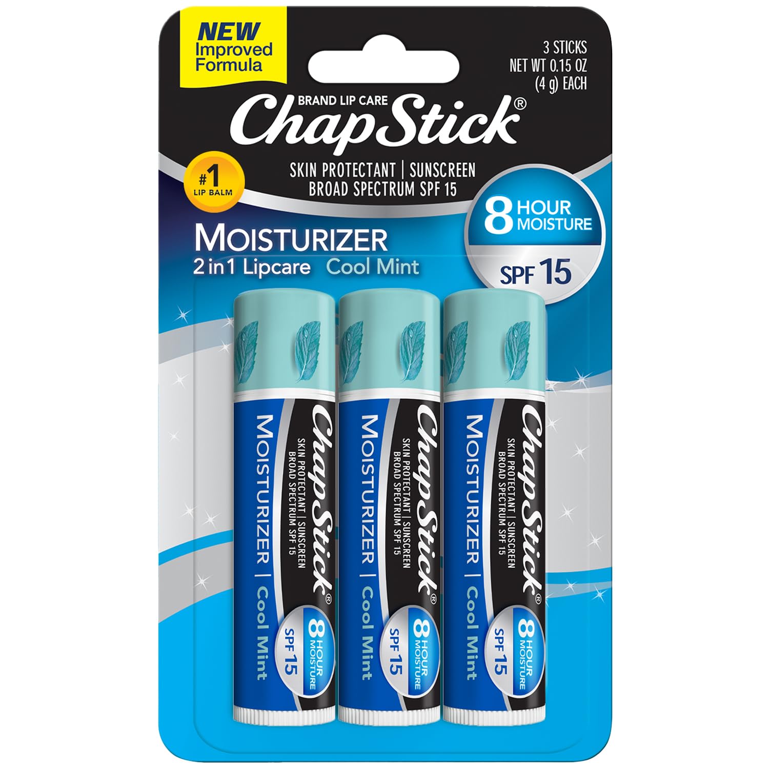 ChapStick Balsamo Labios Cool Mint en tubo, aplicación suave y fresca.