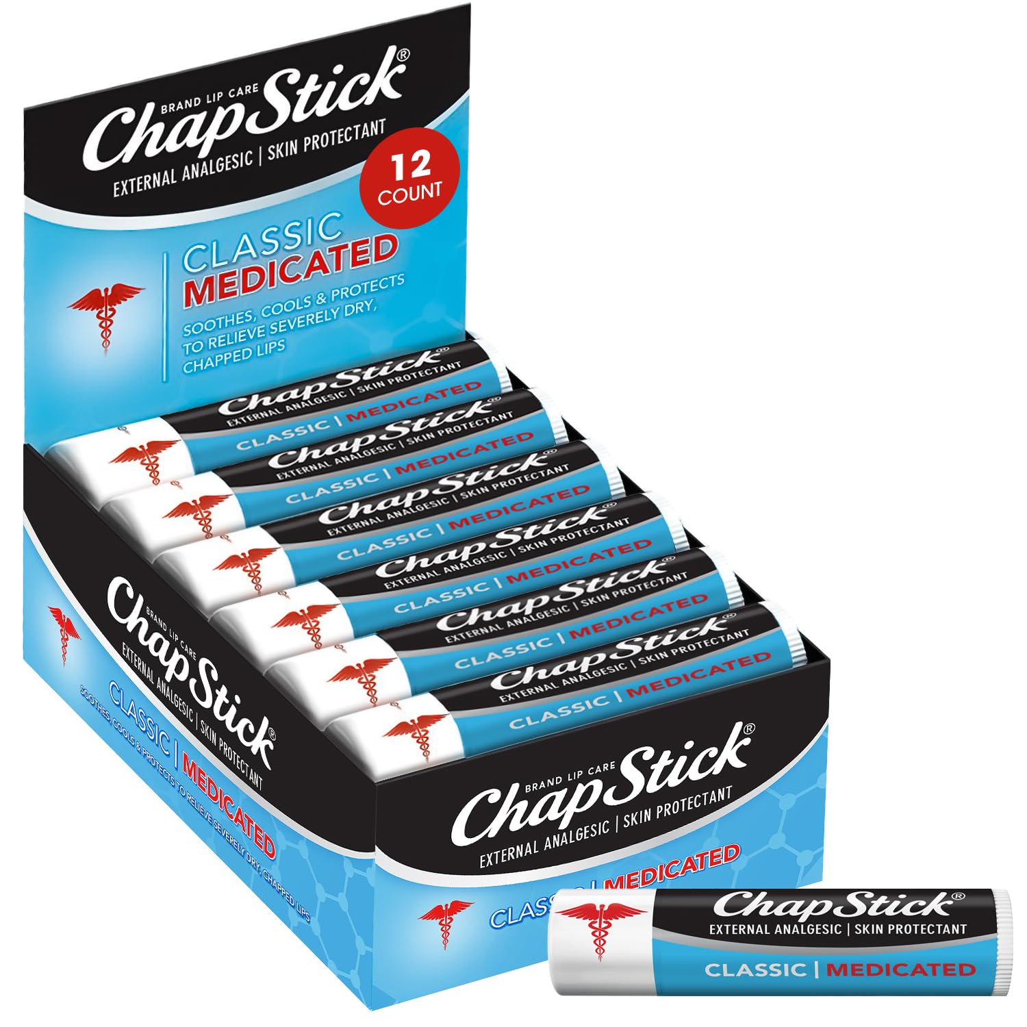 Bálsamo medicado ChapStick en pack de 12, alivio portátil para labios secos