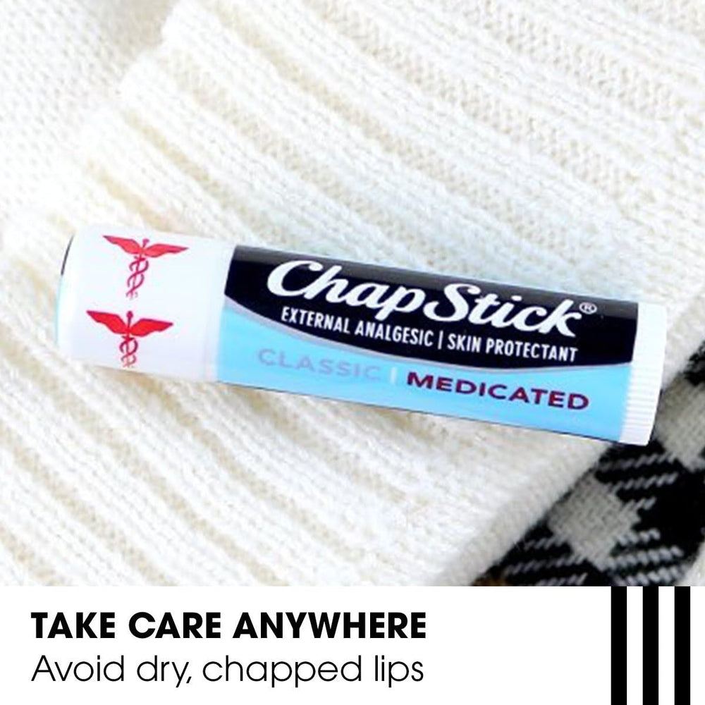 ChapStick Clásico Medicado con mentol, enfriamiento suave y sensación refrescante.