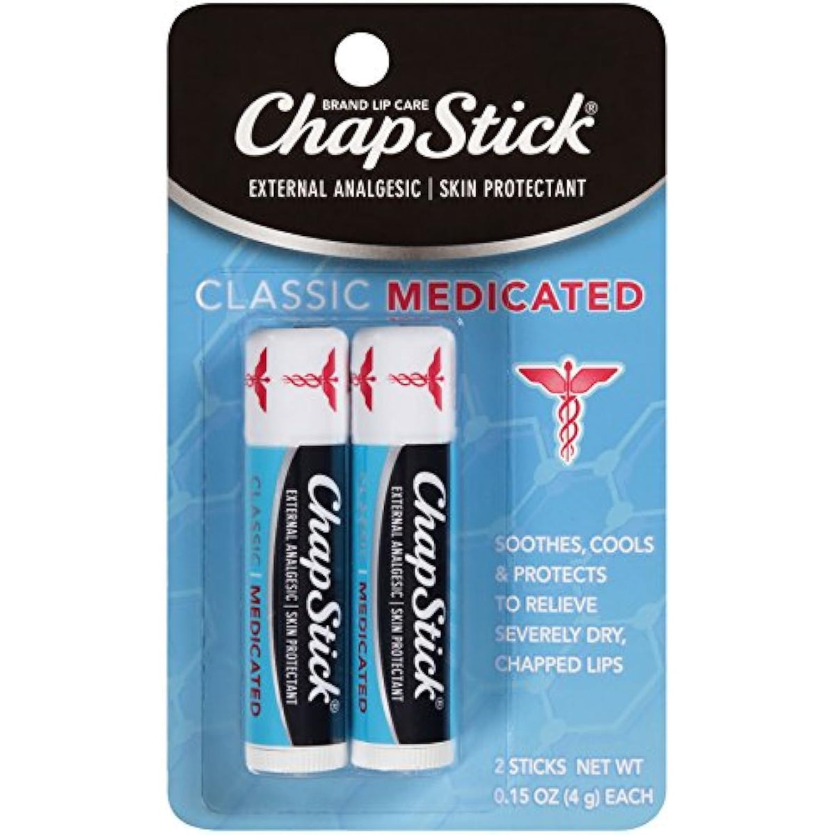 ChapStick Clásico Medicado en empaque, protección diaria para labios secos y agrietados.