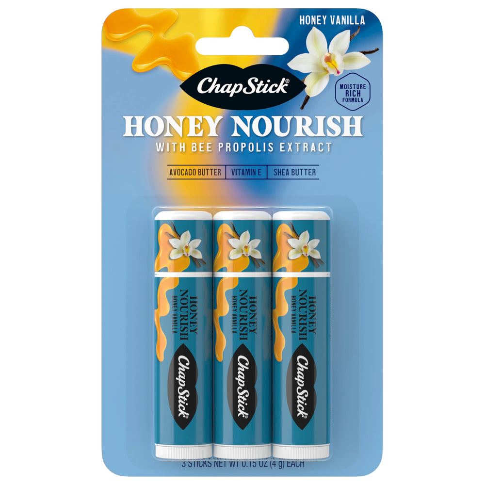 ChapStick Honey Nourish: tres tubos de bálsamo labial, sabor miel vainilla, para hidratación diaria.