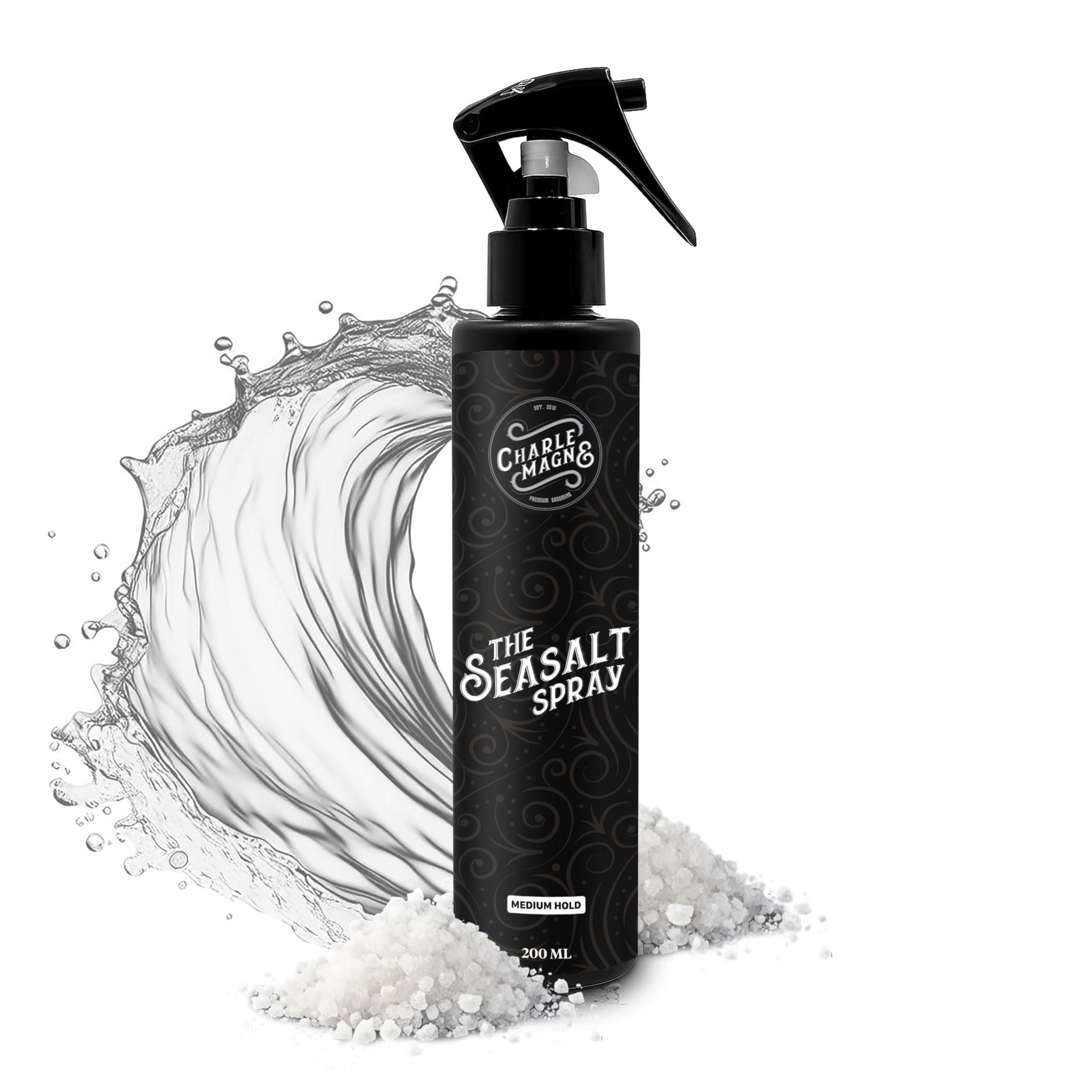 Charlemagne spray sal marina para hombres, botella destacando textura natural.