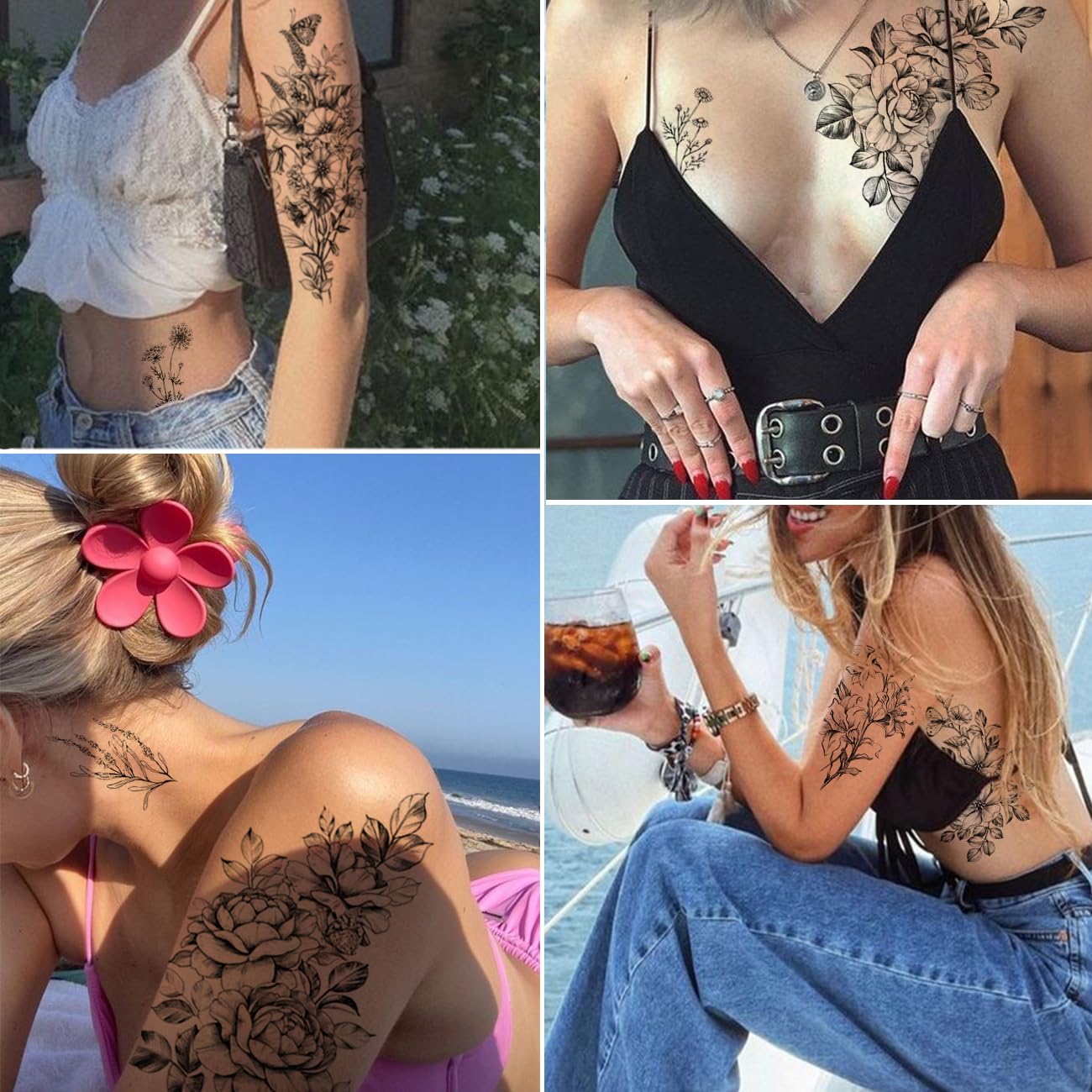 CHARLENT ramas tatuaje temporal, toque sutil para antebrazo o clavícula.