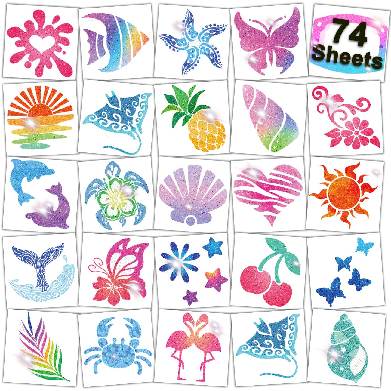 Tatuajes glitter CHARLENT Aloha para playa, ideales para decoración de fiestas temáticas.