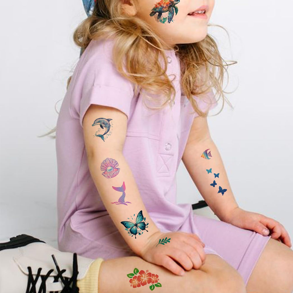 Tatuajes temporales CHARLENT sirena hawaiana, estilo veraniego para playa o fiestas.