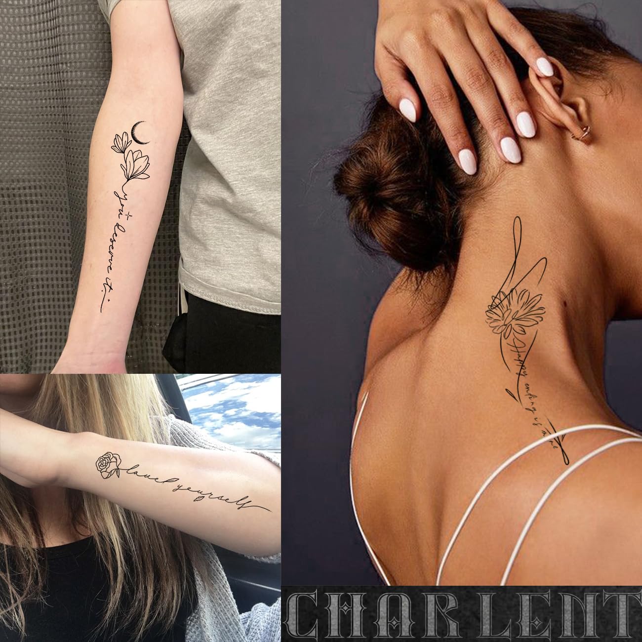 Tatuajes temporales CHARLENT para antebrazo, arte en negro que resiste la fiesta