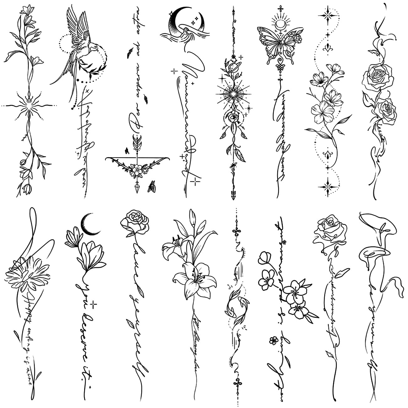 Tatuajes temporales CHARLENT con líneas florales para espalda, aspecto natural