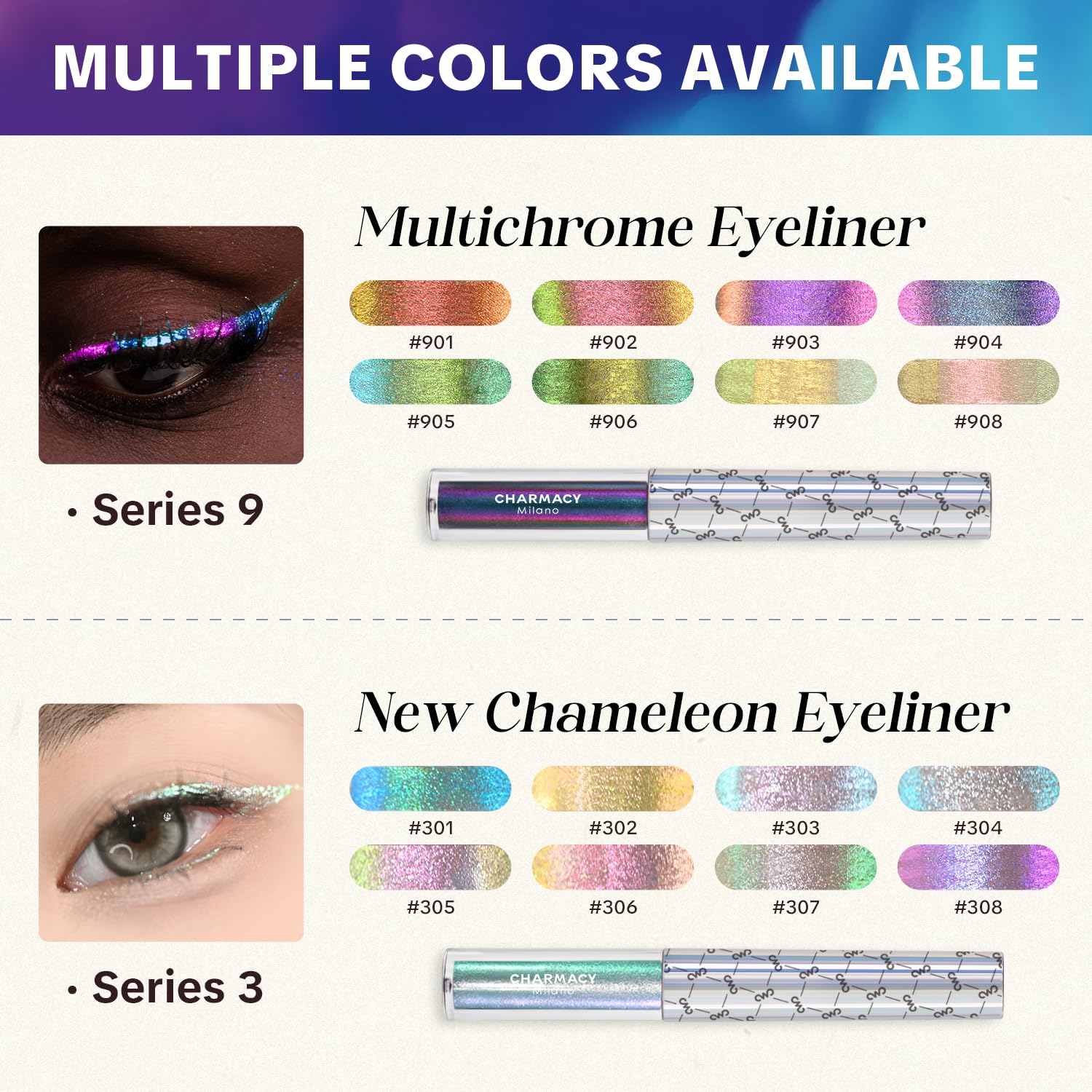CHARMACY Chameleon Eyeliner color shift shows two to three hues with light.