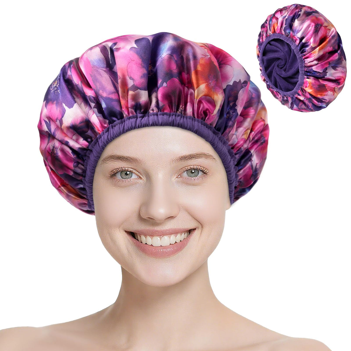 Gorra de ducha CHFONG con exterior impermeable y diseño morado para cabello seco