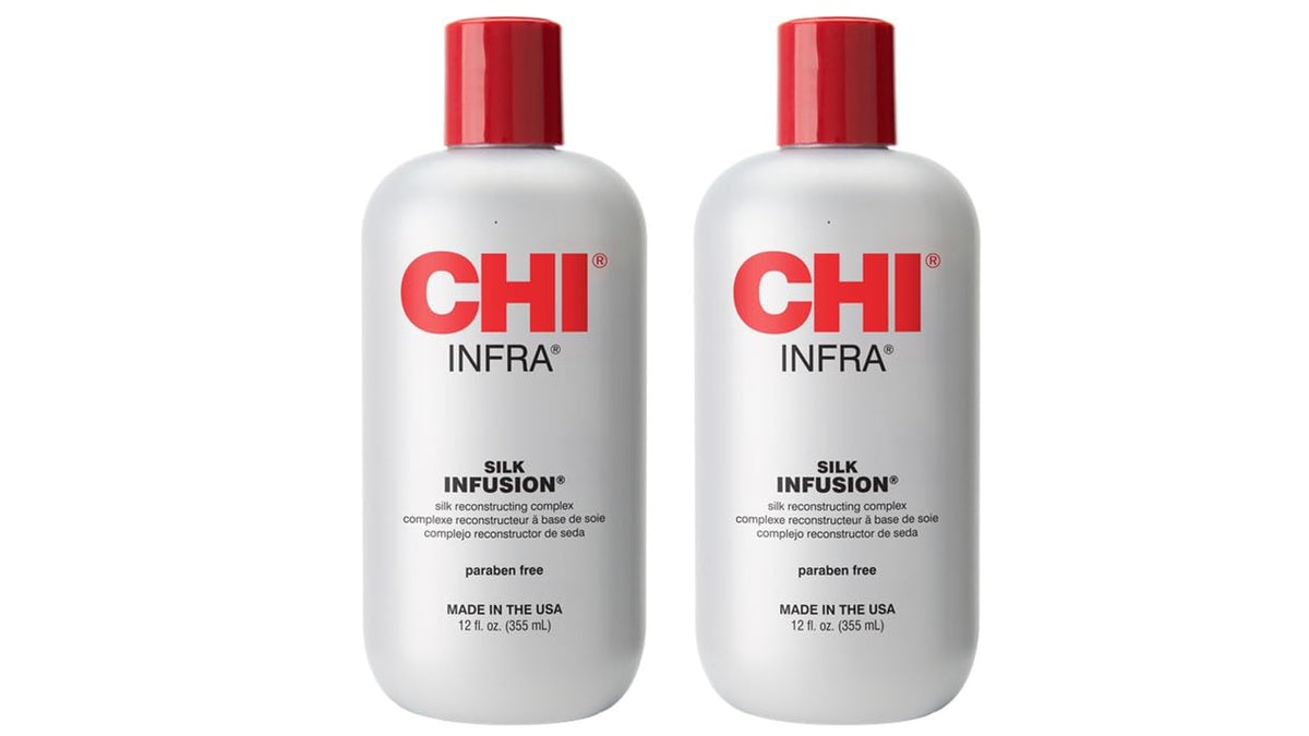 CHI Infra Silk Infusion, botella vertiendo, ofrece brillo suave y manejabilidad