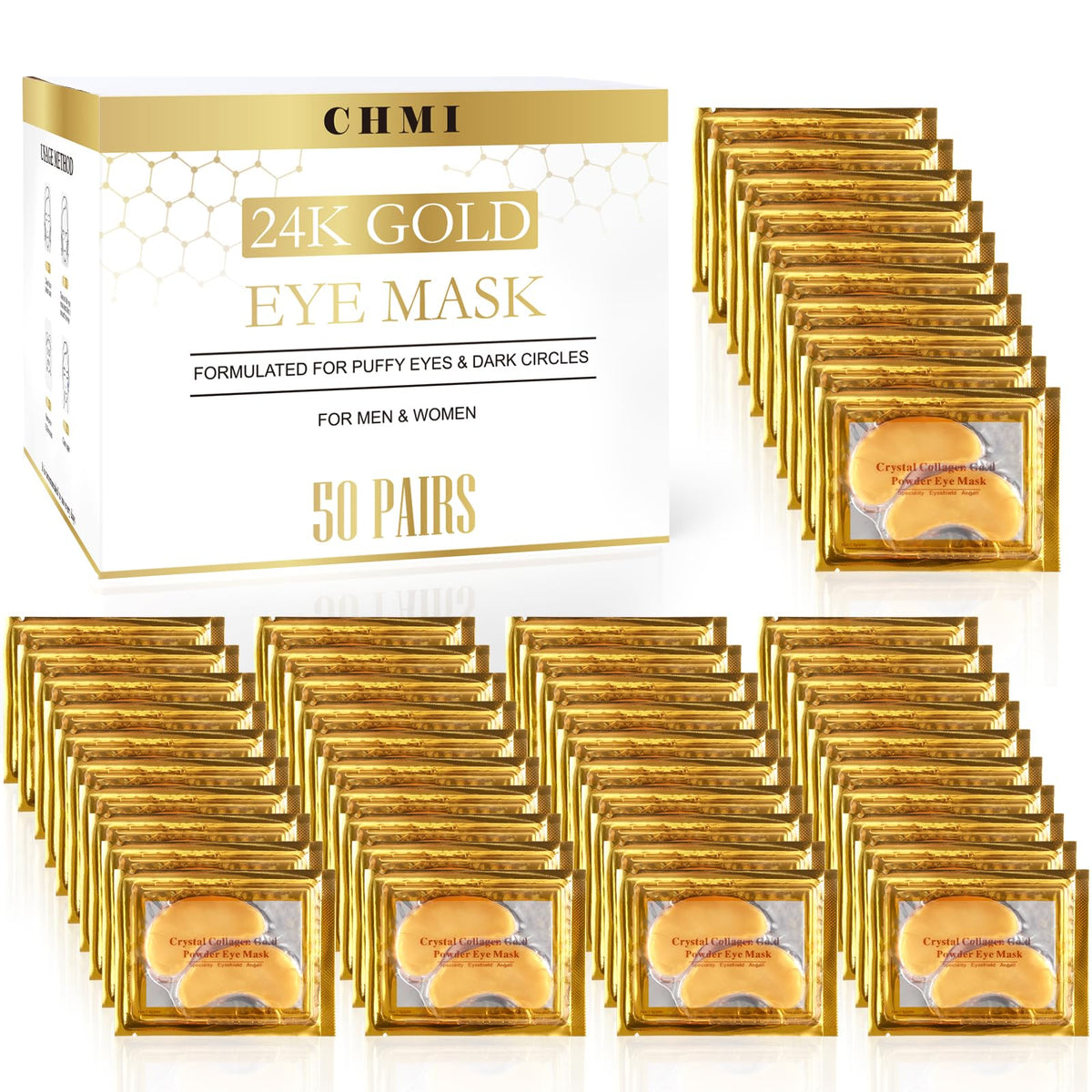 CHMI 24K gold eye patches packaging for at-home spa use.