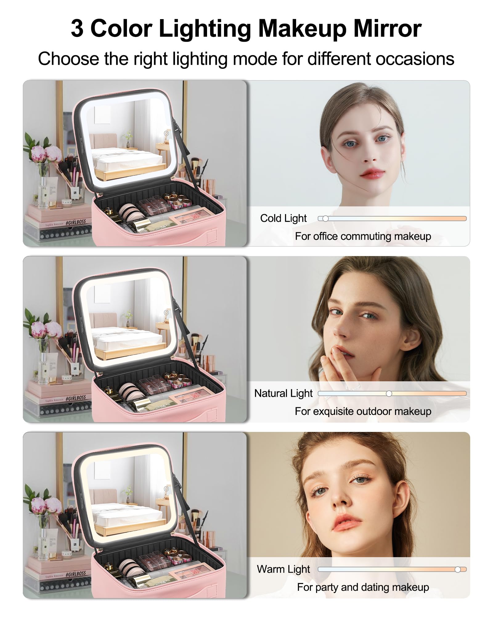 Chomeiu espejo LED con tres tonos para maquillaje preciso.