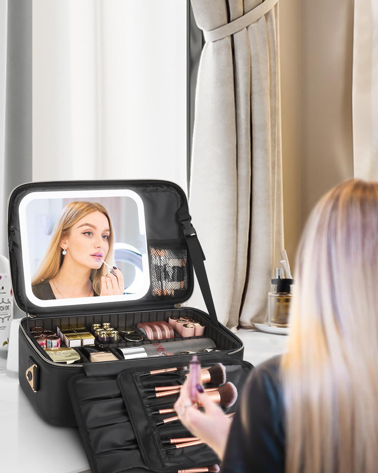 Chomeiu estuche con compartimentos para pinceles y maquillaje ordenado.