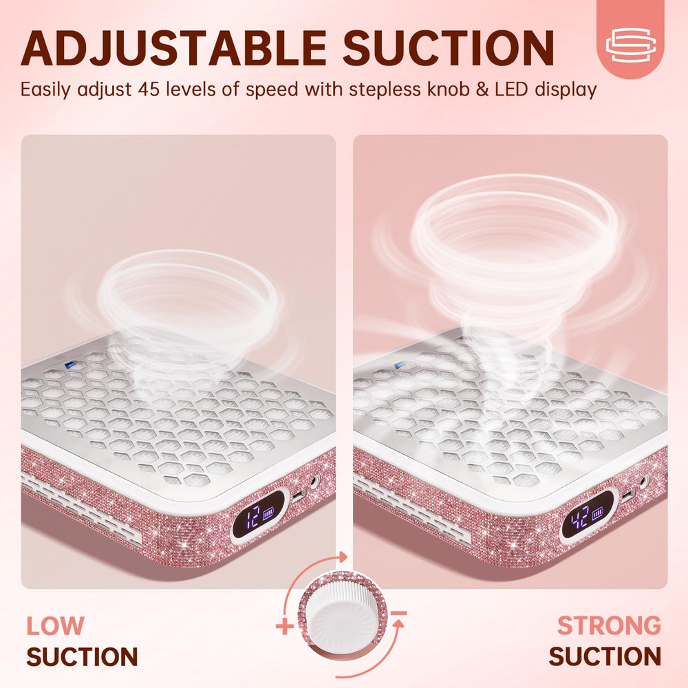 Colector de polvo para uñas portátil de Christine Shelly para espacios sin cables.