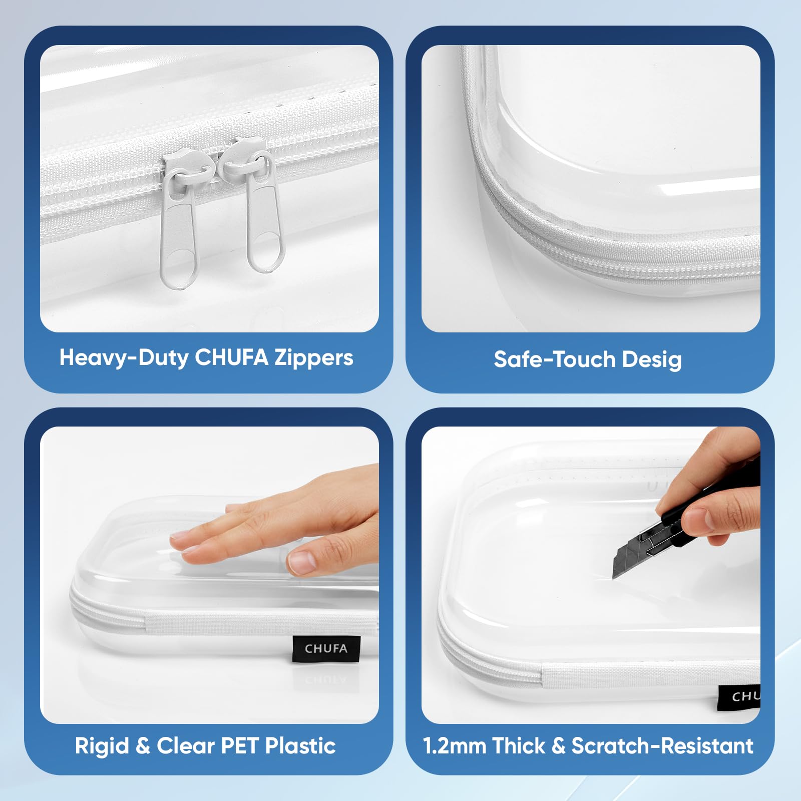Chufa estuche duro transparente grande apilable en una maleta