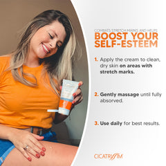 Aplicación suave de Cicatrissim en abdomen, muslos y pecho con resultados percibidos.
