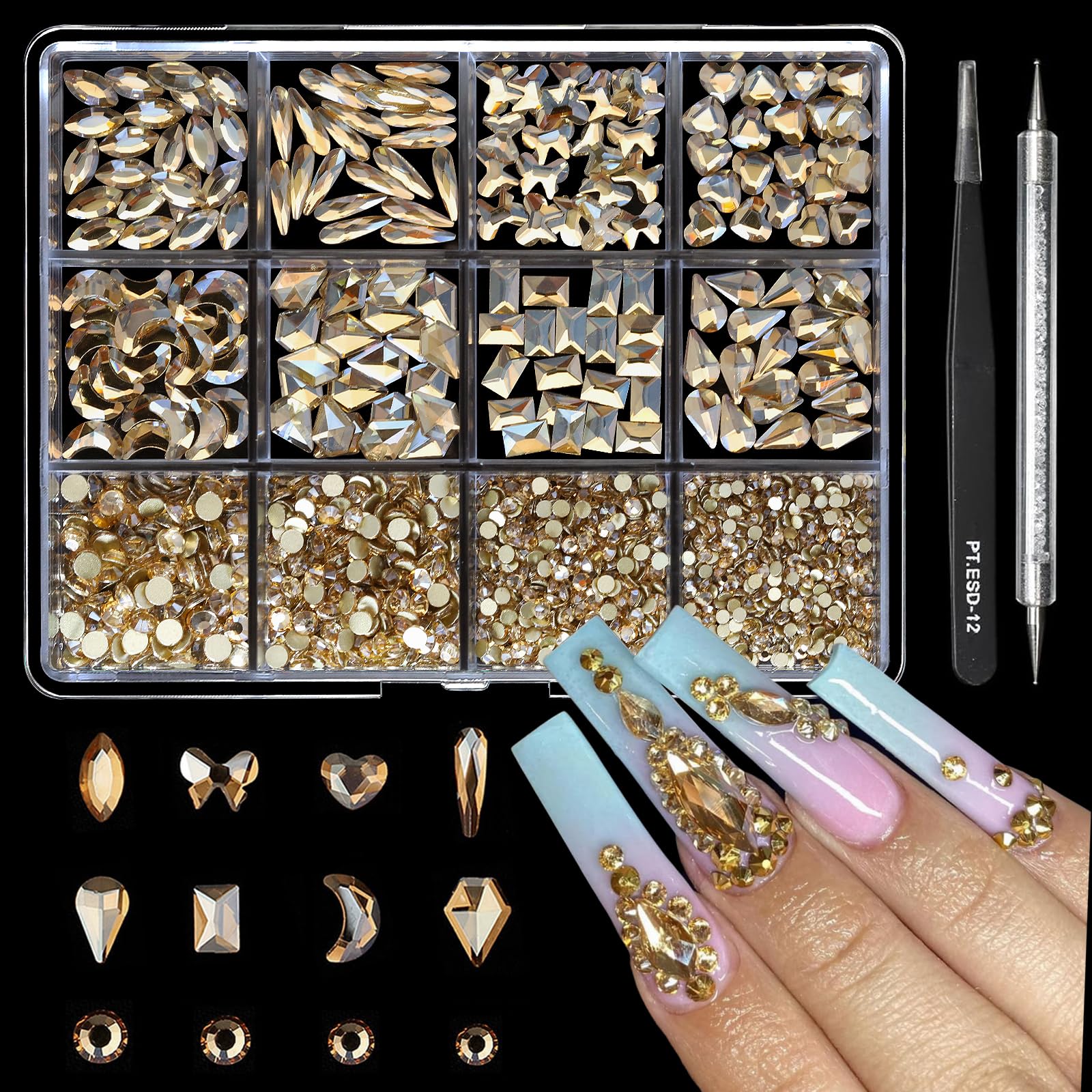 Cycullinyt 1660Pcs: piedras champagne 3D para uñas, brillo duradero.